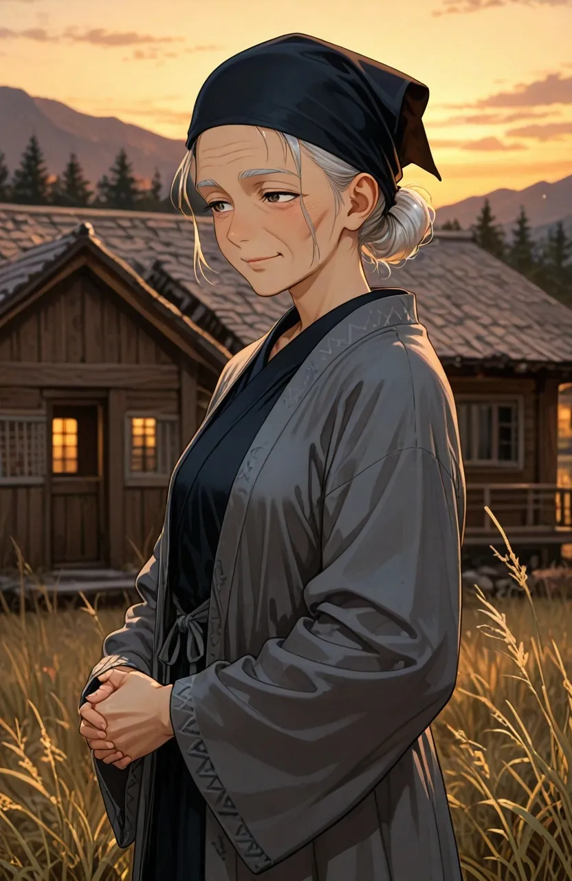 old woman stands gracefully with a faint smile as she gave farewell